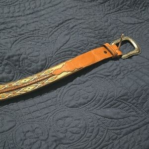 Wrangler Brown Leather Braided Belt with Multicolor Southwest Design Detail